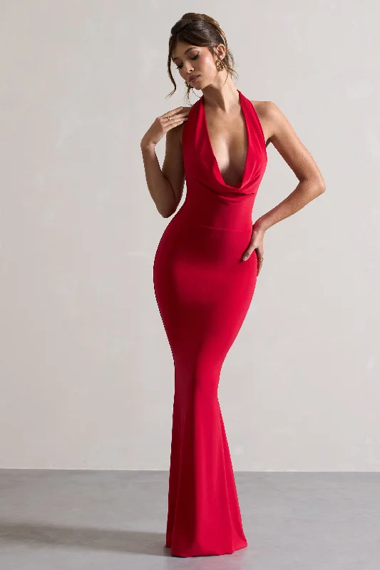 Milani | Red Backless Cowl Neck Fishtail Maxi Dress