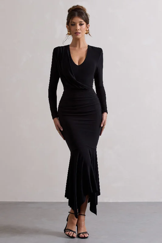 Milena | Black Plunge-Neck Maxi Dress With Draped Hem