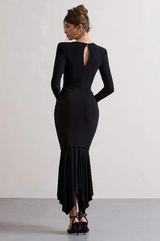 Milena | Black Plunge-Neck Maxi Dress With Draped Hem