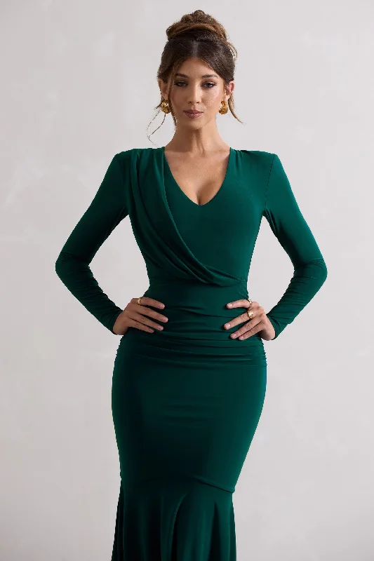 Milena | Bottle Green Plunge-Neck Maxi Dress With Draped Hem