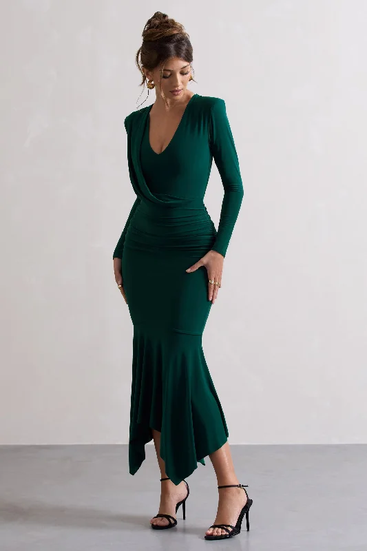 Milena | Bottle Green Plunge-Neck Maxi Dress With Draped Hem