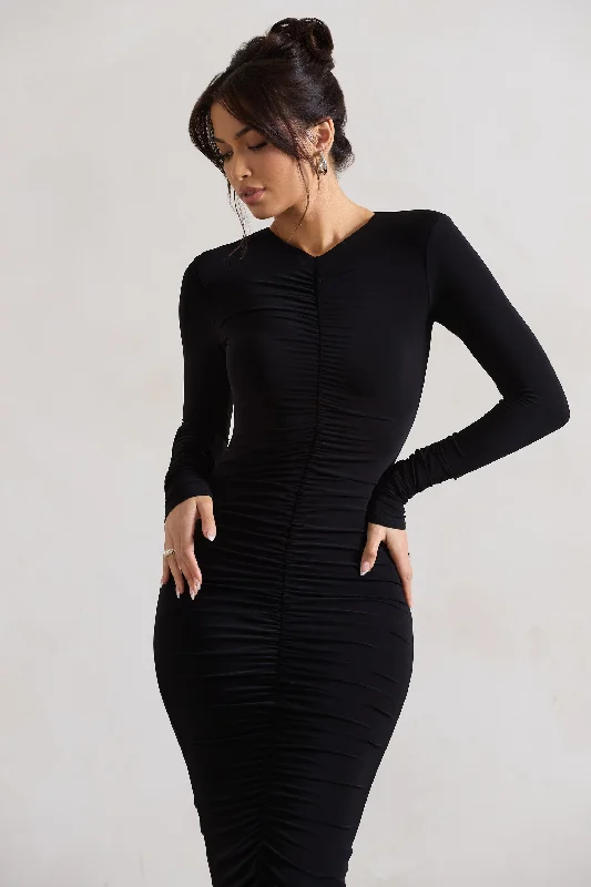 Monique | Black Ruched Bodycon Midi Dress