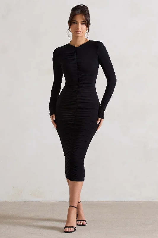 Monique | Black Ruched Bodycon Midi Dress