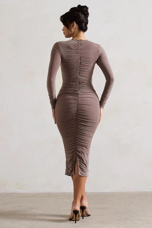 Monique | Mocha Ruched Bodycon Midi Dress