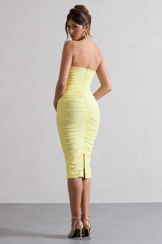 My Girl | Lemon Strapless Bodycon Ruched Mesh Midi Dress