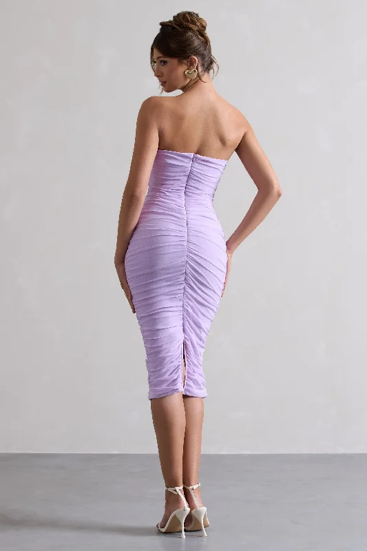 My Girl | Lilac Strapless Bodycon Ruched Mesh Midi Dress