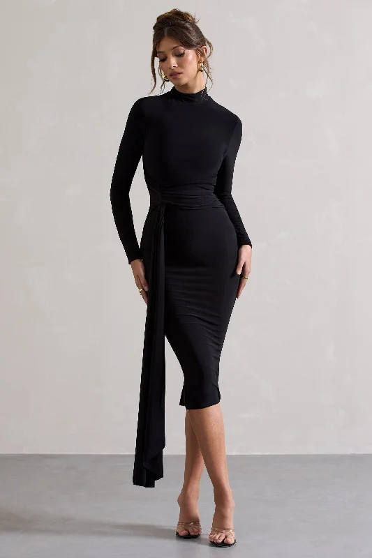 Nikita | Black High-Neck Midi Dress With Drape