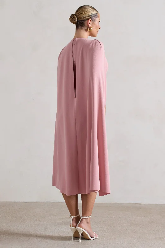 Rafaela | Blush Pink Bodycon Midi Dress With Cape Sleeves