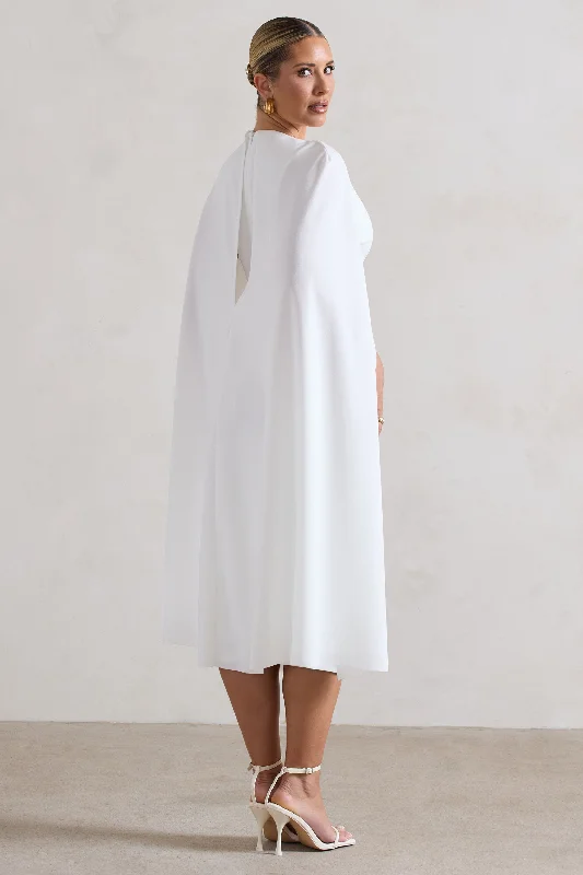 Rafaela | White Bodycon Midi Dress With Cape Sleeves