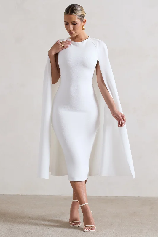 Rafaela | White Bodycon Midi Dress With Cape Sleeves