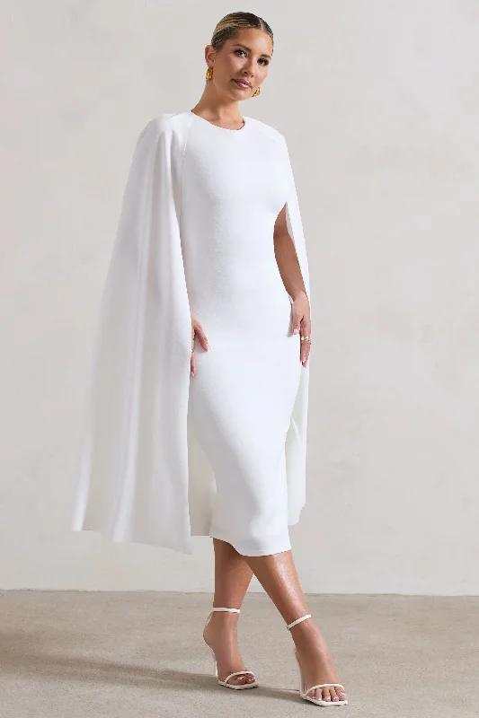 Rafaela | White Bodycon Midi Dress With Cape Sleeves