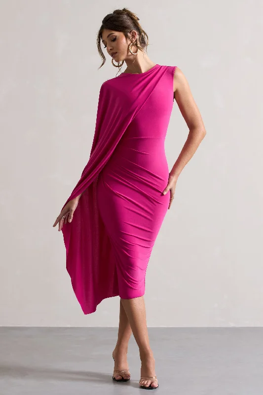 Reveal | Dark Pink One-Sleeve Cape Midi Dress