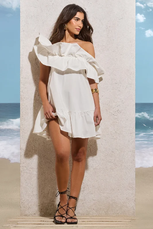 Saylor | White Poplin Asymmetric Ruffle Mini Dress