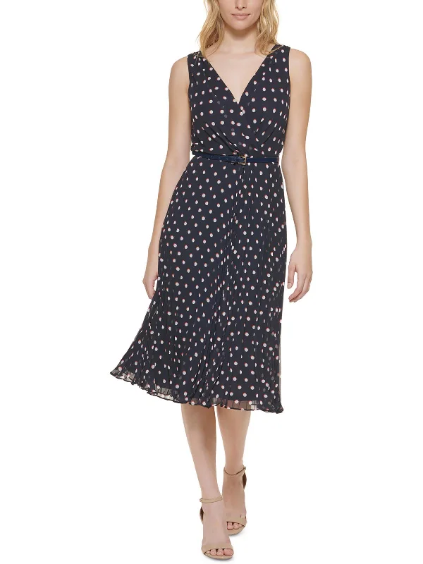 Womens Polka-Dot Pleated Fit & Flare Dress