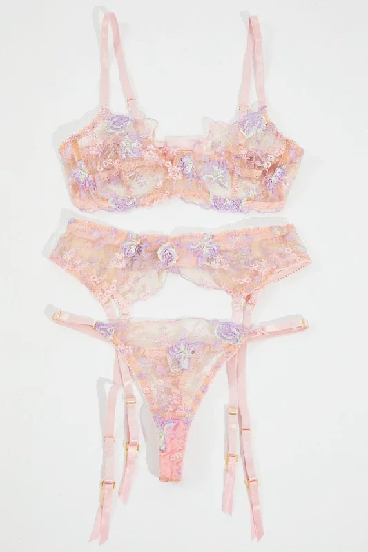 Pink Embroidery Lingerie Set