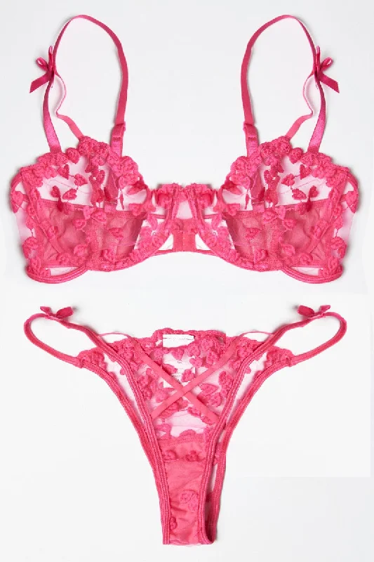 Pink Heart Embroidery Lingerie Set