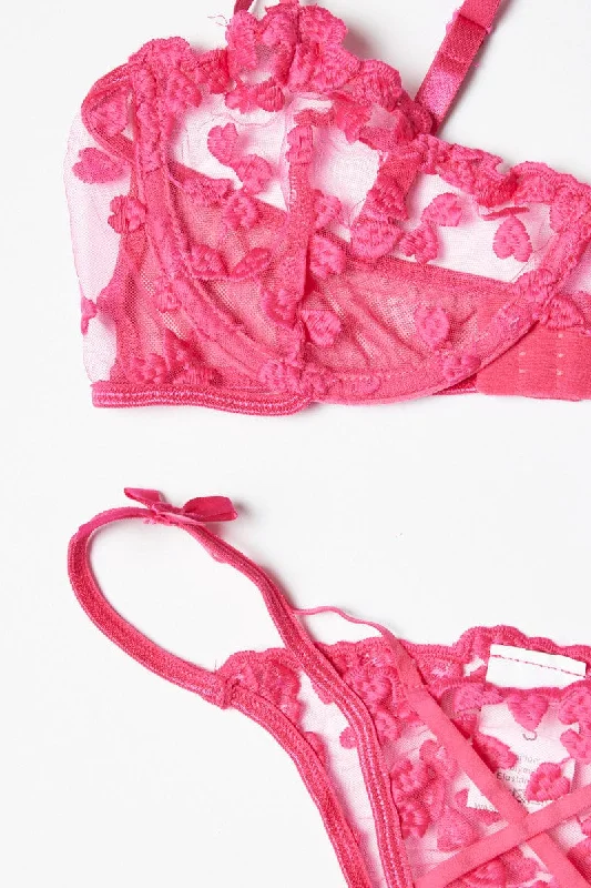 Pink Heart Embroidery Lingerie Set