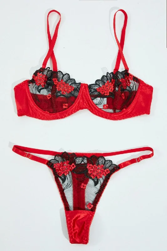 Red Embroidery Lingerie Set