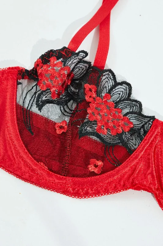 Red Embroidery Lingerie Set