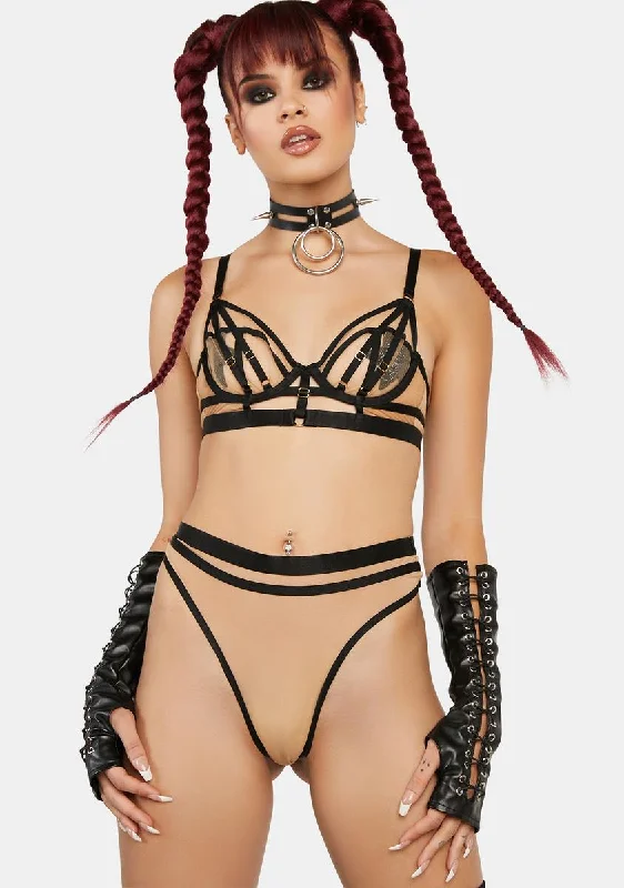 x Hustler Willa Black Thick Strap Illusion Mesh High Waist Thong