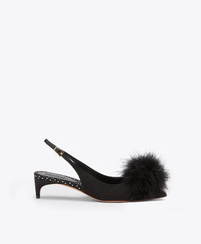 Andrea 40 - Black Satin Kitten Heels with Feathers