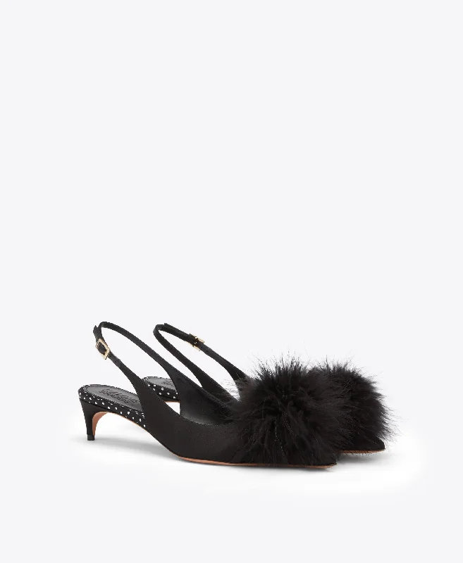 Andrea 40 - Black Satin Kitten Heels with Feathers