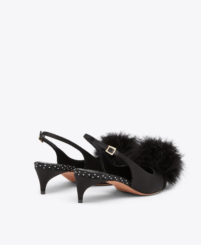 Andrea 40 - Black Satin Kitten Heels with Feathers