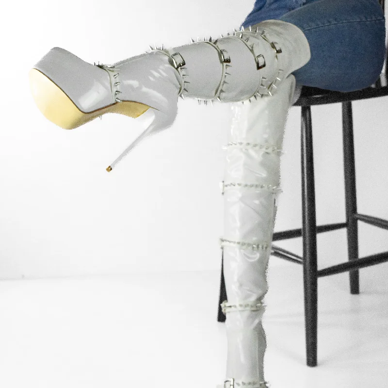 White Belted Knee High Boots with Spikes