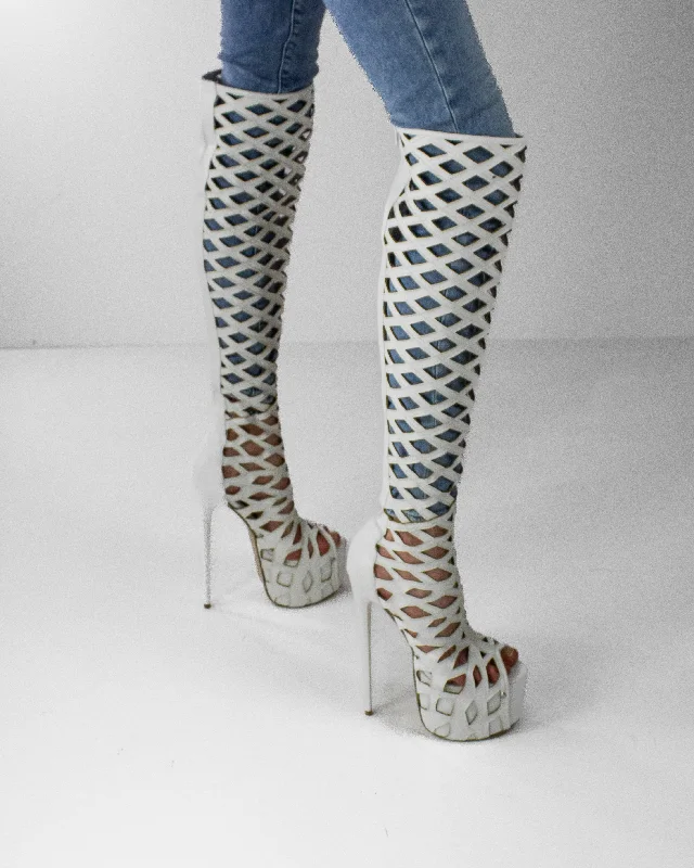 White Laser Cut Knee High Boots