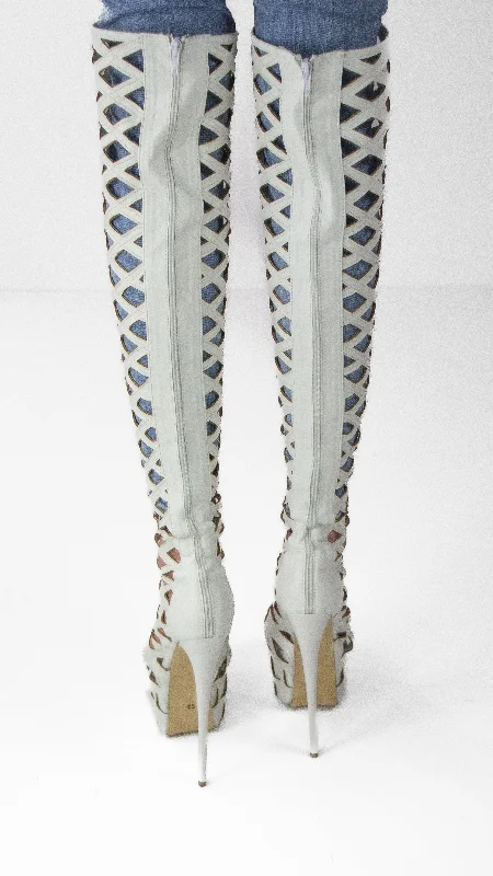 White Laser Cut Knee High Boots