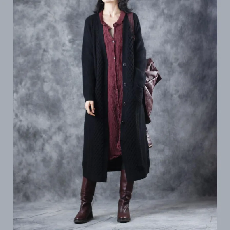 2018 Black Long Knit Cardigans Sweater Coat Casual V Neck Trench Coat