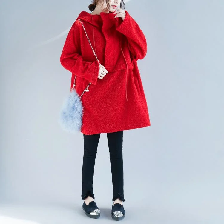 2018 red Woolen tops Women Loose fitting tops hooded women tops