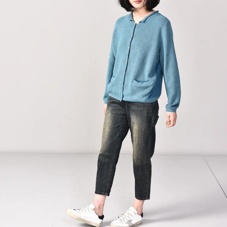 Aesthetic light blue knitted t shirt oversize single-one knit sweat tops v neck