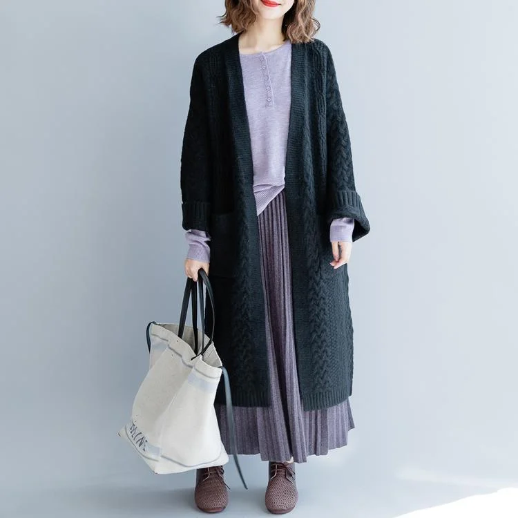 black long knit coat trendy knitted cardigans plus size v neck outwear 2018 pockets Coats