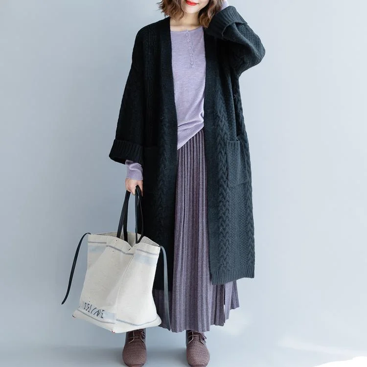 black long knit coat trendy knitted cardigans plus size v neck outwear 2018 pockets Coats