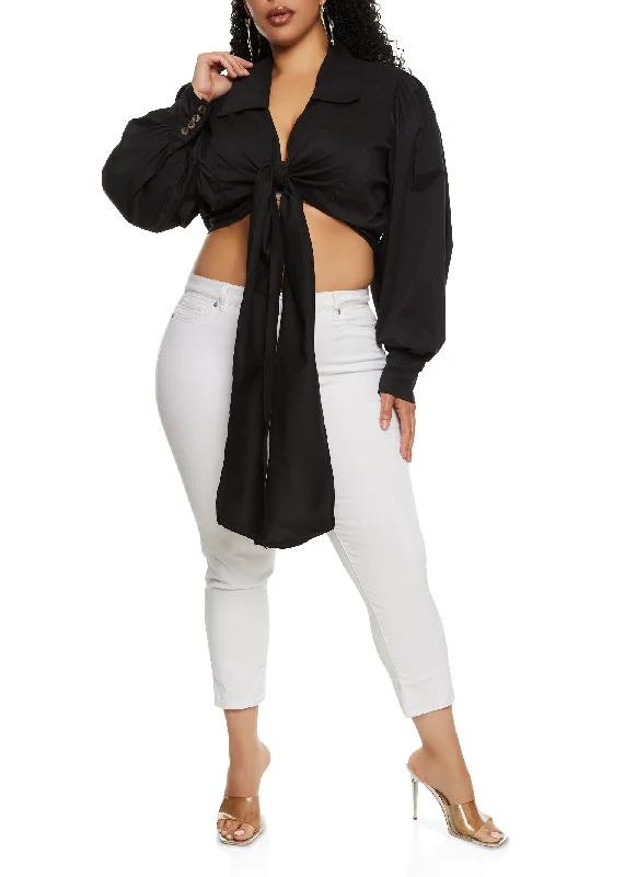 Plus Size Balloon Sleeve Tie Front Crop Top