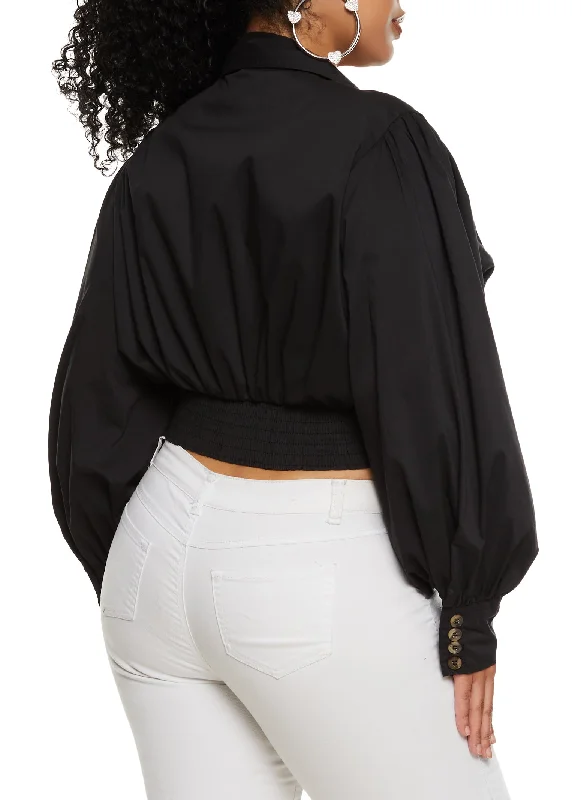 Plus Size Balloon Sleeve Tie Front Crop Top