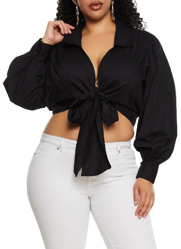 Plus Size Collared Tie Front Crop Top