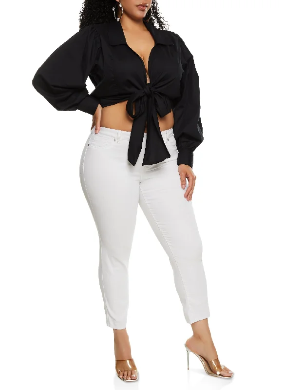 Plus Size Collared Tie Front Crop Top