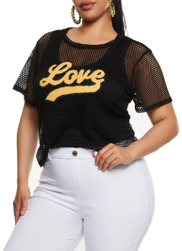 Plus Size Love Graphic Patch Fishnet Top