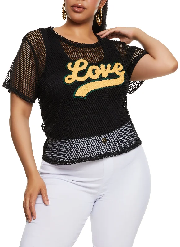 Plus Size Love Graphic Patch Fishnet Top