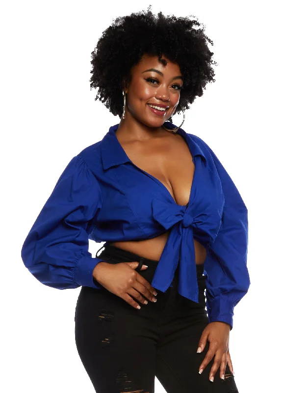 Plus Size Collared Tie Front Crop Top