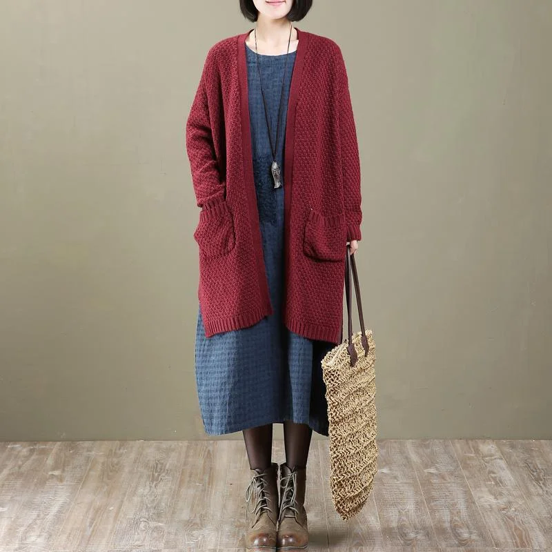 burgundy long woolen knit cardigans plus size outwear