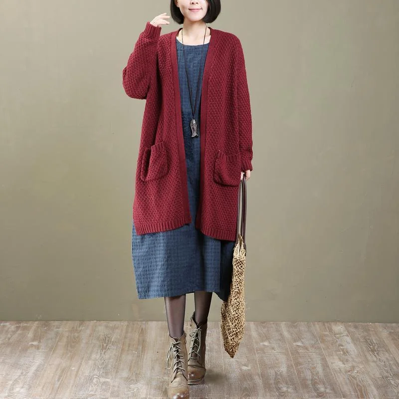 burgundy long woolen knit cardigans plus size outwear