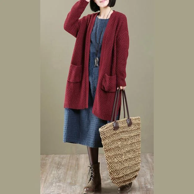 burgundy long woolen knit cardigans plus size outwear