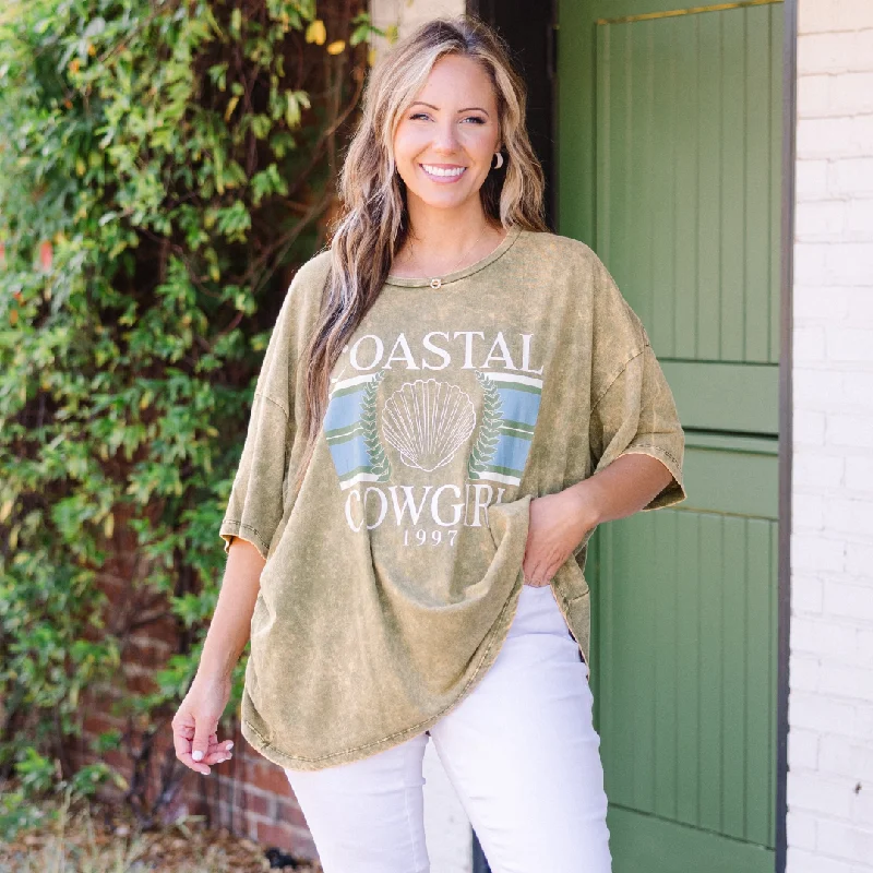 Coastal Cowgirl Acid Wash Boyfriend Tee, Golden Olive