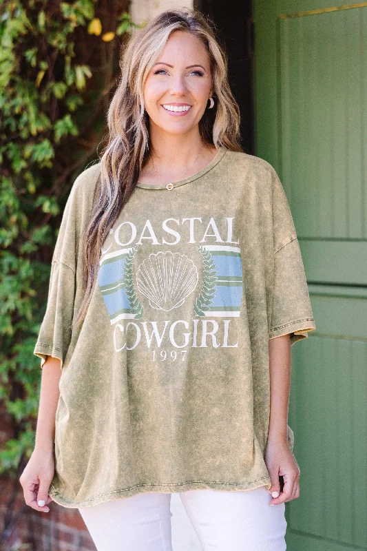 Coastal Cowgirl Acid Wash Boyfriend Tee, Golden Olive