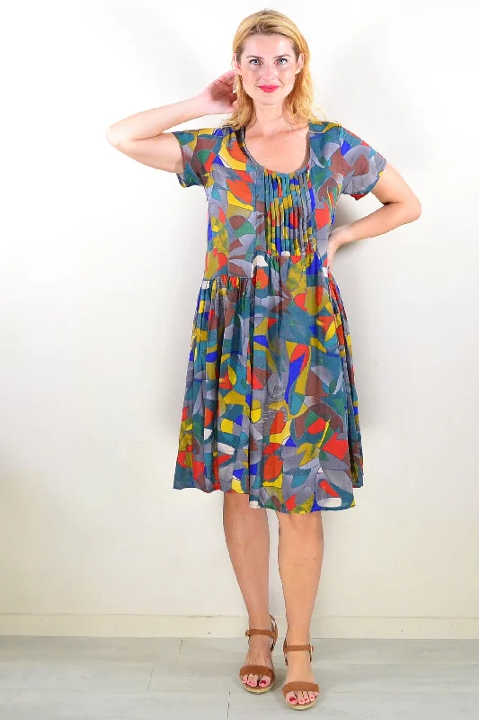 Colourful Grey Pintuck Pleats Tunic Dress