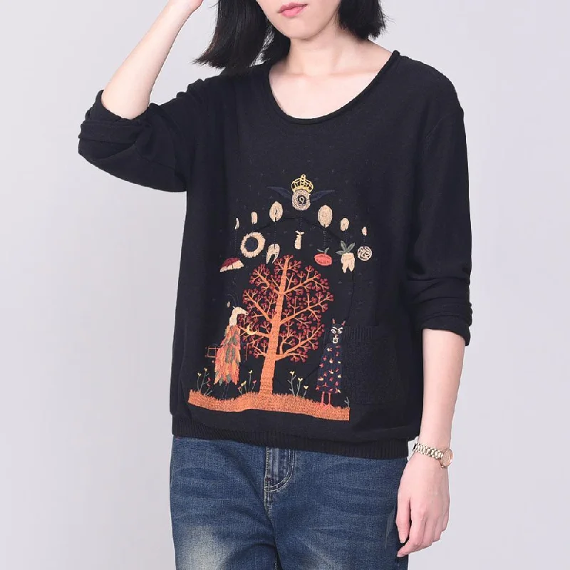 Comfy black prints box top oversize long sleeve knitted blouse o neck