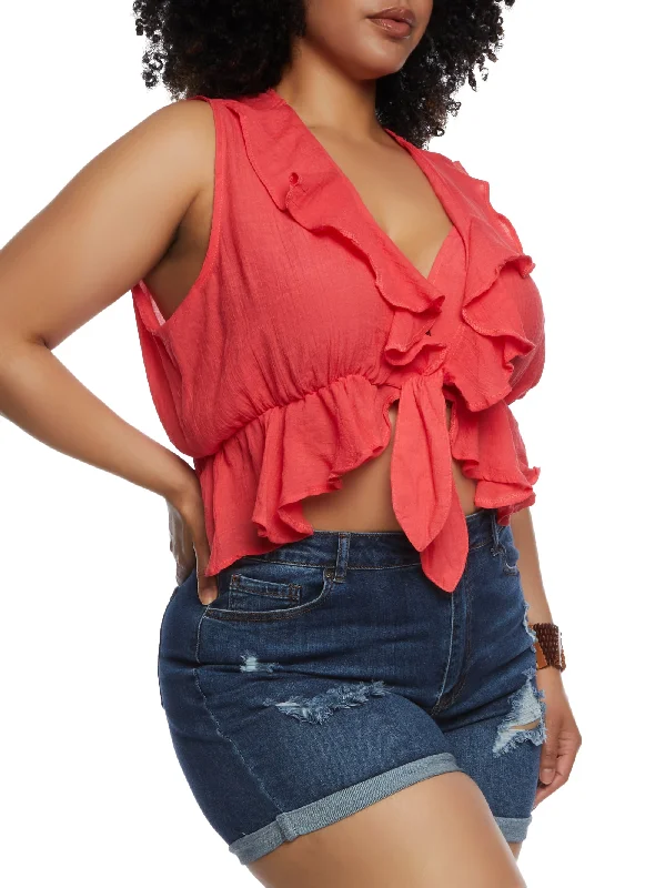 Plus Size Gauze Knit Ruffled Tie Front Crop Top